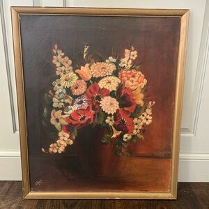 Antique oil painting vase of flowers